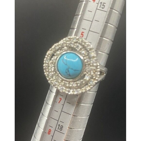 Turquoise Cabochon Ring w/ Orbiting Numerous CZ Split Shank Size 6 Futuristic - Picture 3 of 7